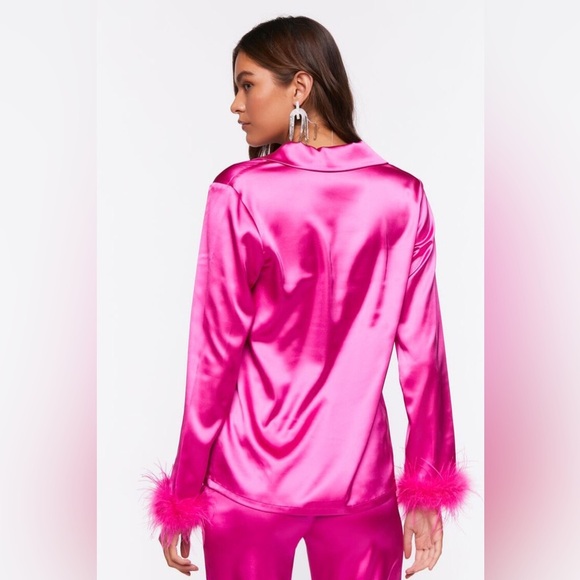 Hot pink satin feather boa trim pant suit set outfit nwot - Picture 2 of 3